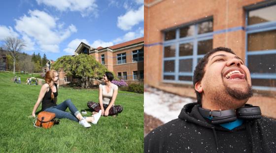 students sitting outside in the quad during summertime and a student catching snowflakes in the winter